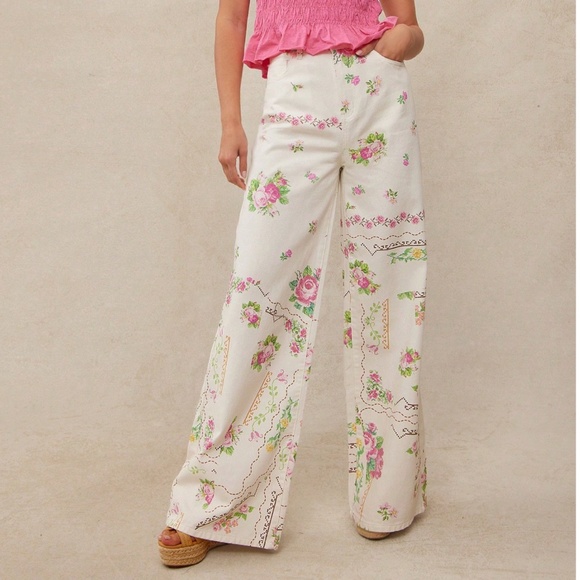 Boho Floral Print Cottage Core Straight leg Denim Jeans